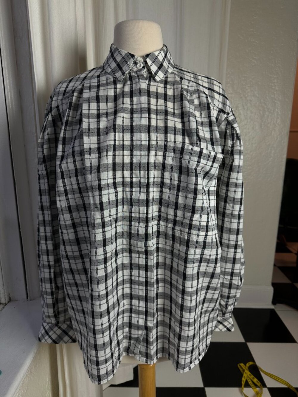 Vintage 1980s Etienne Plaid Blouse EU 38 Cotton Viscose Oversized Pleated Shirt